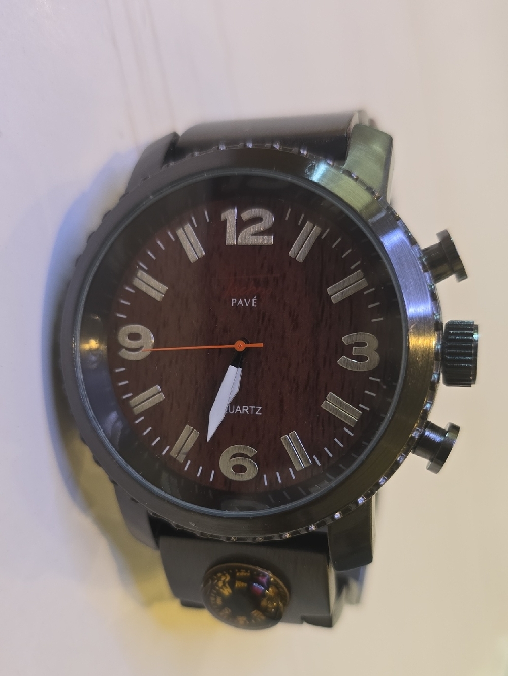 Pavé Men’s Black Stainless Watch with Wood-Tone Dial